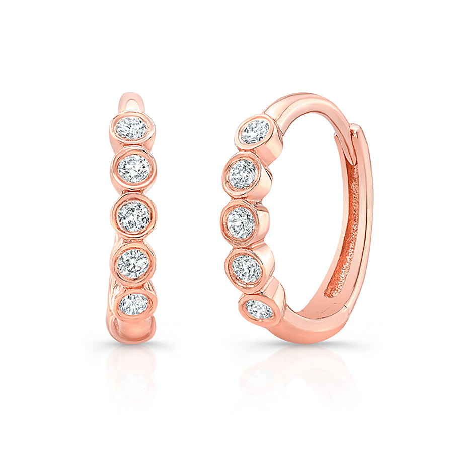 14k Gold 5 Diamond Bezel Mini Huggie Earrings